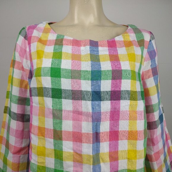 Boden colorful plaid check 100% Linen round neck 3/4 sleeve blouse top ladies 12 - Picture 2 of 7